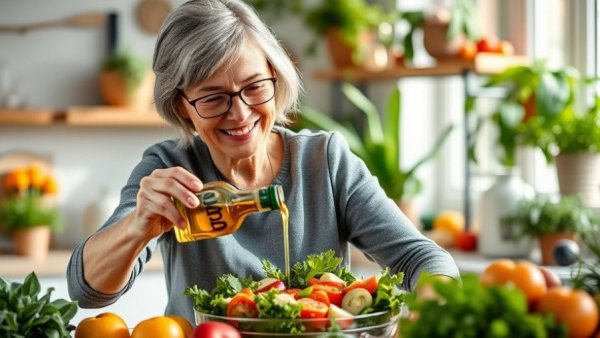 Woman pouring olive oil on salad in sunny kitchen, Foods to Manage Blood Sugar Levels.