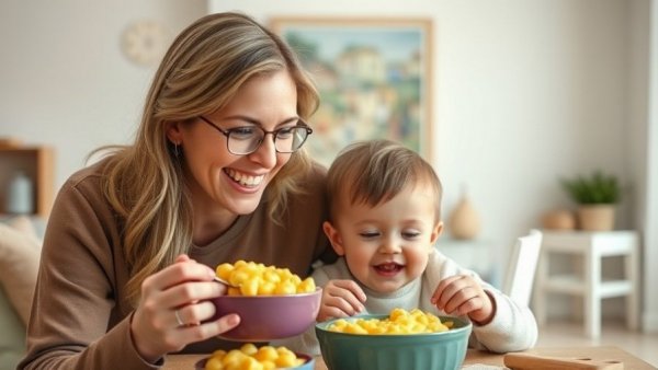 Make Mac & Cheese Healthier: Smiling mom with child enjoying a meal.