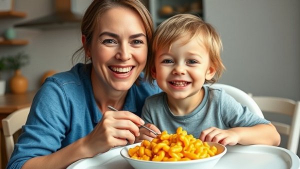 Smiling woman and child enjoying healthier mac and cheese at home.