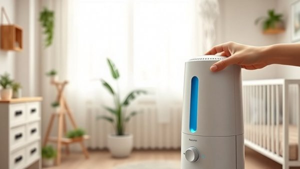 Sleek humidifier in nursery highlights cool mist vs warm mist humidifiers.