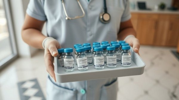 Healthcare worker with vaccine vials addressing rising diseases like measles and whooping cough.