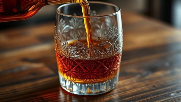 Amber liquid pouring into patterned glass, highlighting health conditions linked to alcohol.