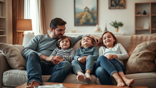 Family relaxing at home, embracing intimate moments.