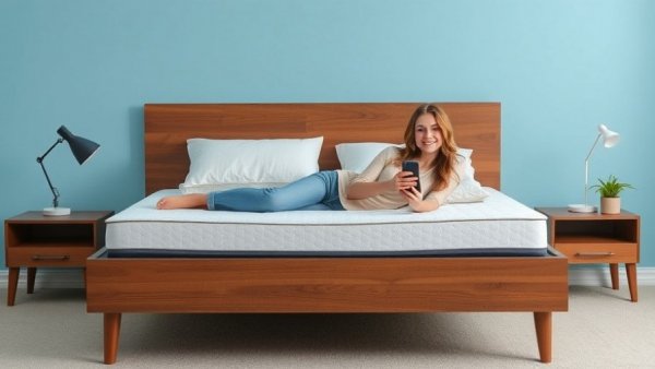 Young woman relaxing on cooling memory foam mattress topper.