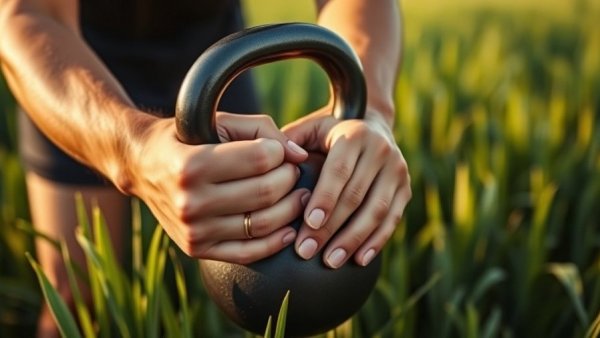 Oura Ring 5 displayed with hands using kettlebell in a green field.