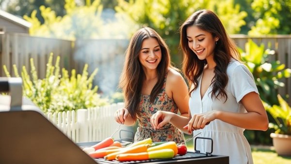 Women grilling vegetables outdoors, discussing carcinogens risk.