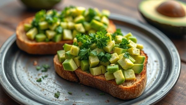 Avocado health benefits illustrated with artistic avocado toast.