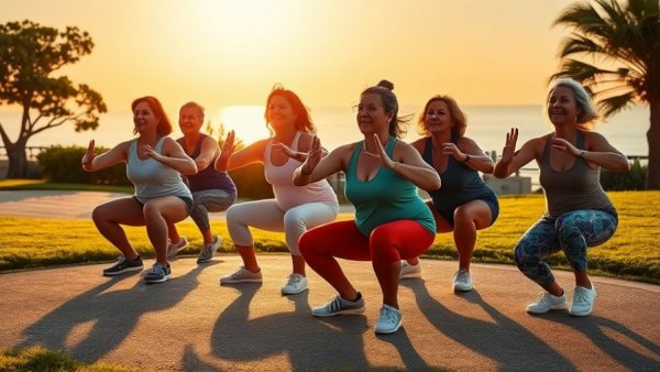 Active women performing squats by the sea, promoting heart health with weekly exercise.