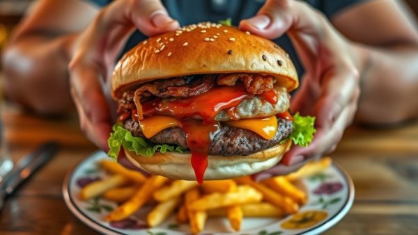 Hands holding a burger with fries; relates to cravings for ultra-processed foods.