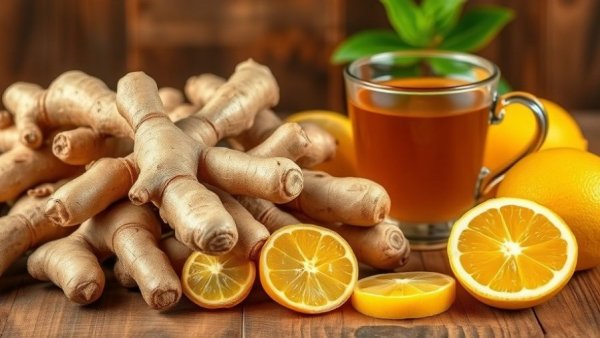 Fresh ginger and lemons with tea, photorealistic, foods that support digestion better than ginger.