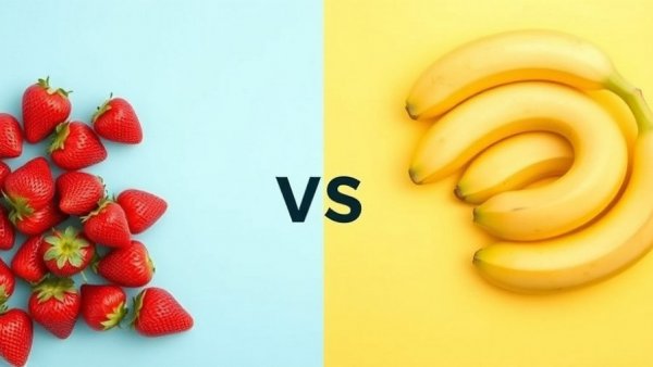 Strawberries vs. Bananas on split color background.