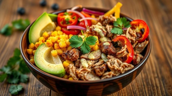 High-protein restaurant bowl with colorful ingredients on a wooden table
