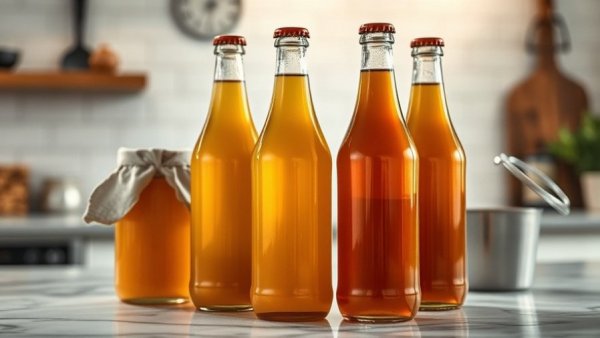 Homemade kombucha bottles on a countertop for a healthy gut.