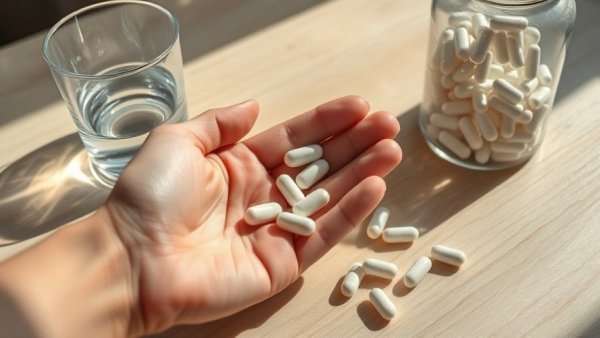 Collagen supplements held in hand beside water glass.