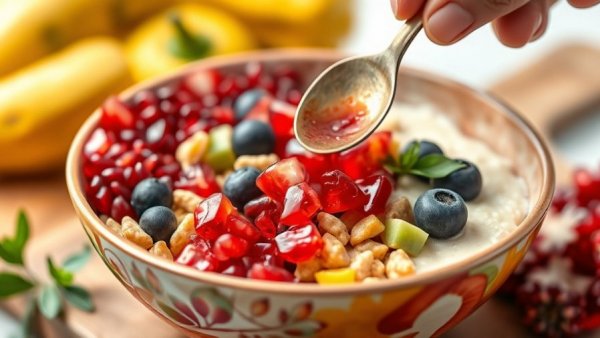 Breakfast bowl with oats, fruit, and chia seeds, illustrating foods that lower cholesterol naturally.