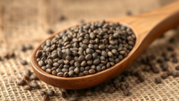 Close-up of chia seeds in wooden spoon highlighting health benefits.