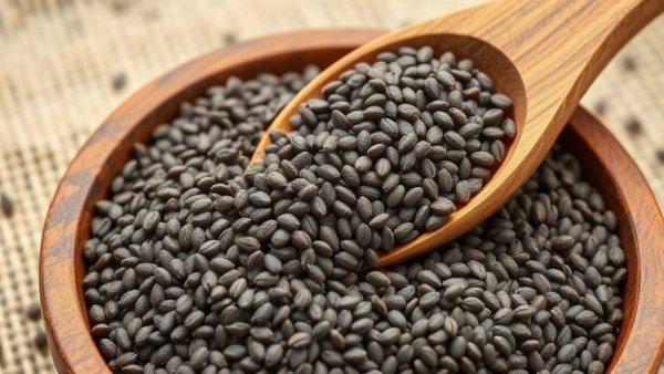 Chia seeds in a wooden spoon and bowl with rustic background.