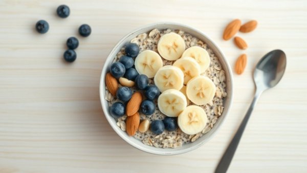 Healthy gut health foods breakfast bowl with bananas, blueberries, and almonds.