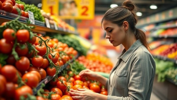 Woman shopping for fresh produce, promoting flavanol intake for heart health.