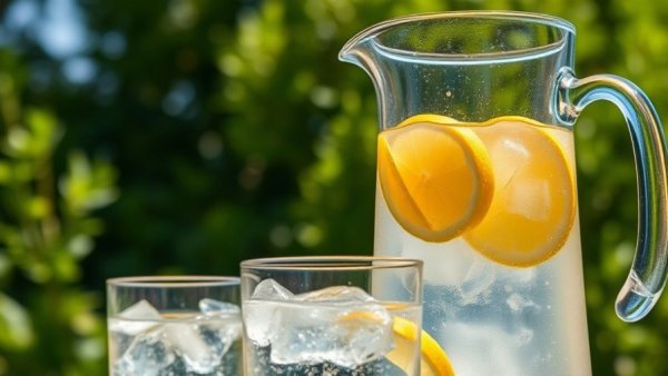 Refreshing pitcher and glasses of lemon water in a sunny garden.