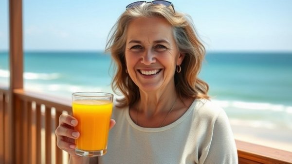 Smiling woman enjoying orange juice by the sea for Vitamin C and brain health.