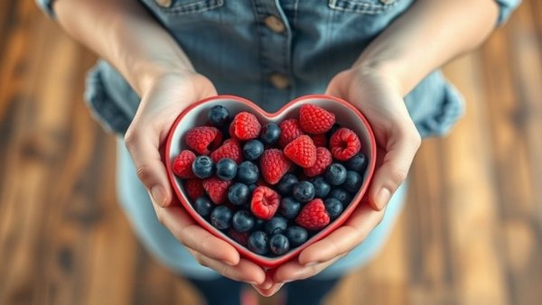 Heart-shaped bowl of raspberries and blueberries, foods that support kidney health.
