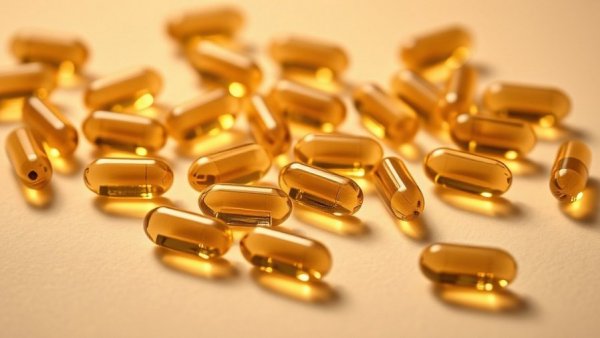 Fish oil capsules on a beige background representing health supplements.