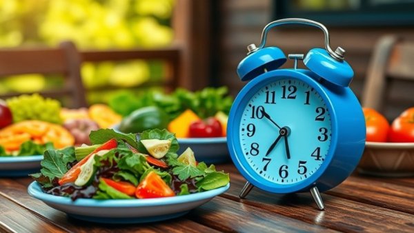 Blue alarm clock with healthy meal, highlighting best time to eat.