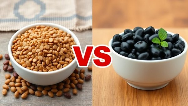 Lentils vs Beans Nutrition comparison with bowls of lentils and beans.