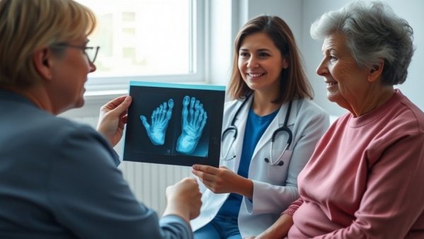 Doctor discussing foot X-ray with senior patient for fall prevention.
