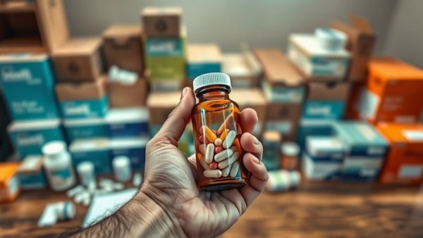 Hand holding glass bottle of B vitamins on a shelf