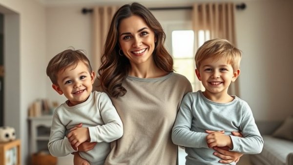 Confident mother in business with kids, emphasizing health.