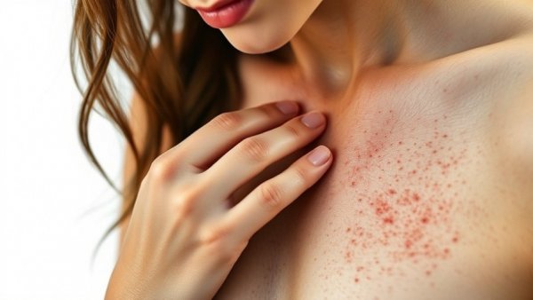 Woman with hives on chest touching skin, how to get rid of hives.