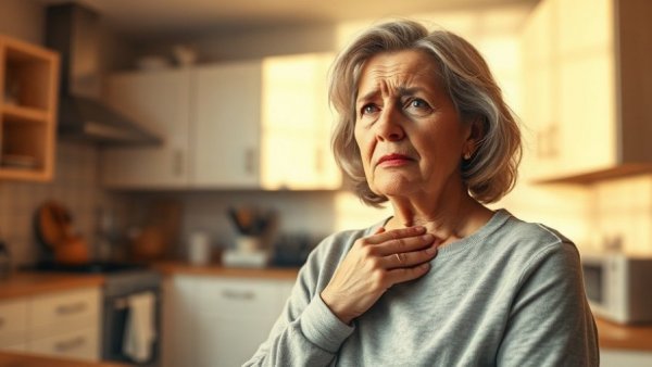Woman showing discomfort by touching throat, suggesting signs of tonsil cancer in a kitchen.