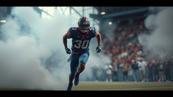 Football player running energetically through fog in a stadium