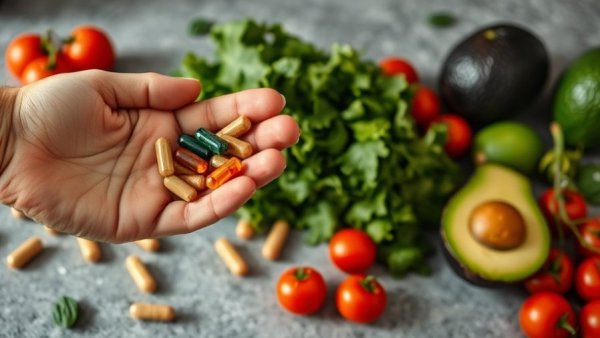 Supplements and greens on a table promoting foods and drinks that lower blood pressure.