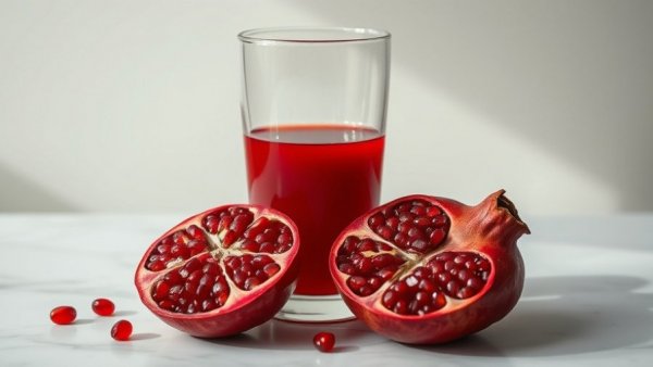 Pomegranate juice vs. seeds benefits depicted with juice and seeds