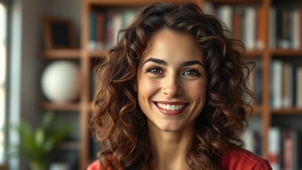 Smiling woman in a room with bookshelves, related to Adult ADHD Diagnosis