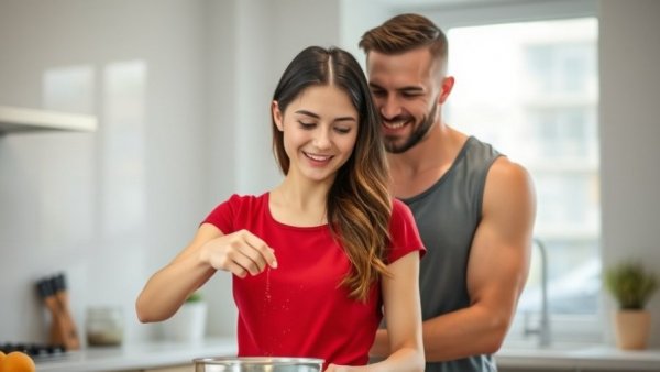 Young woman and man cooking in modern kitchen, discussing viral blanket dumplings.