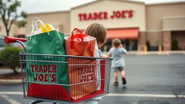 Trader Joe's grocery haul in cart, child walking, healthy family meals focus
