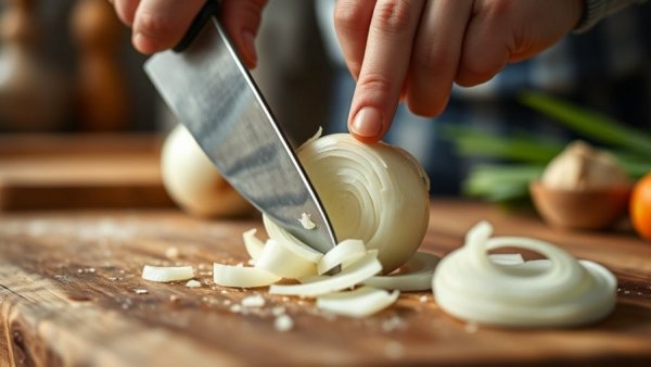 Hands cutting onion to reduce risk of diabetes and hypertension
