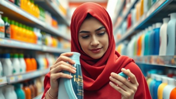 Woman in hijab shopping for shampoo in a supermarket aisle.
