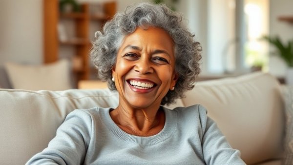 Older woman with positive mindset for aging well, smiling joyfully on sofa.