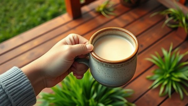 Hand holding rustic mug over deck during healthy recipe challenge