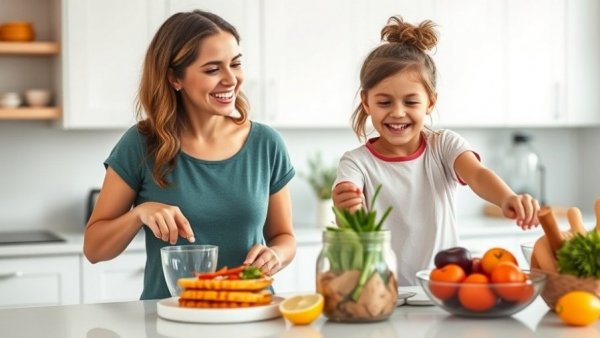 Mother and children making healthy homemade snacks in kitchen