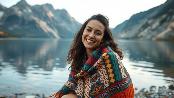 Colorful shawl-wrapped woman smiling by a lake; Hashimoto's Thyroiditis Diagnosis.