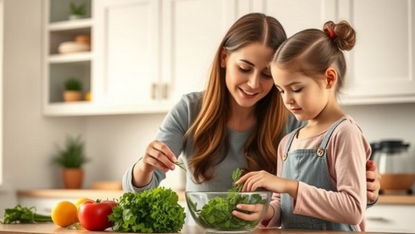 Healthy cooking challenge: woman guides child adding herbs.
