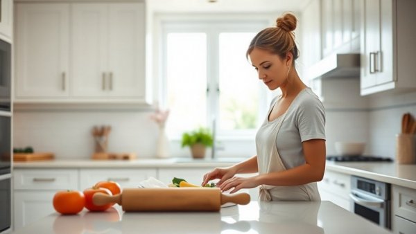 Woman preparing dinner in a modern kitchen, healthy eating challenges