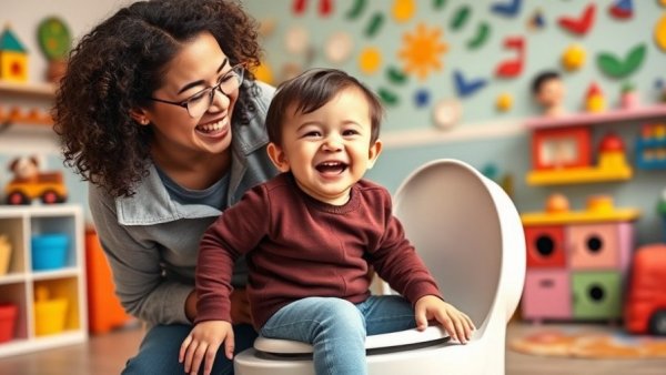 Cheerful toddler on potty; mom surprised; potty training tips