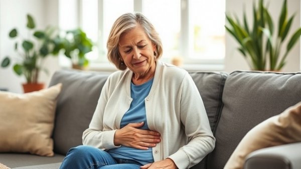 Woman experiencing stomach discomfort, preventive care setting.
